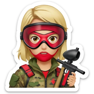 blond girl playing paintball with red paintball face mask sticker