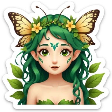 Cinematic Realistic Forest Nymph Fairy portrait, with butterfly wings and head tilted playfully and inquisitively, showcasing a nature-inspired form with intricately detailed, sunlit tanned skin and cascading dark green hair interlaced with leaves and blossoms. Her bright, curious eyes sparkle with forest mischief, rendered with lifelike clarity and warm, dappled lighting that captures the spirit of an enchanting woodland fairy ready to dance among the trees. sticker