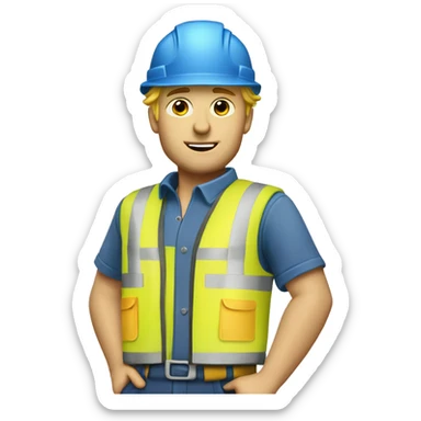 Blonde male Construction worker wearing a hat and blue work wear with small black curly dog  sticker