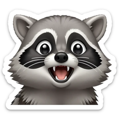 Cinematic-cute realistic- Yawning Raccoon-Portrait-Emoji – Poised and confident, wide-open yawn, revealing a soft grey with a sturdy build and a beautifully textured fur of silver-grey accented by dark black facial markings, deep-set, big black eyes, simplified yet sharp and sophisticated zoom out to show shoulders sticker
