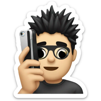emoji of young man with spiky black hair holding cell phone in hand sticker