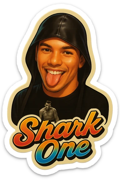 Make him Smiling with tongue sticking out
Add the words Shark One sticker