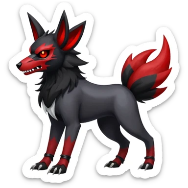 Shiny Exotic Excessive Mysterious Houndoom-Mightyena-Zorua-Zoroark-Zangoose-Houndour-Pokémon-Fakémon-hybrid-creature (full body) with a dog-skull-mask sticker