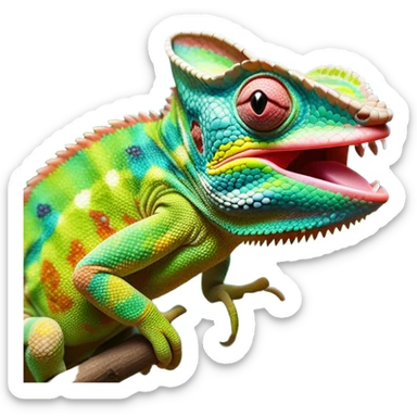cinematic giant-tongue out chameleon-realistic emoji, mouth wide open with tongue out catching prey, -blending-with-vibrant-greenery.-detailed-scales-in-shifting-colors,-showing-the-chameleon’s-ability-to-camouflage.-soft-natural-light-highlights-its-texture.-light-background, zoomed into its face sticker