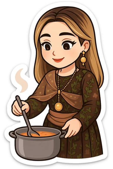 Kurdish cartoon sticker of the same woman in the new dress, cooking food in a pot, holding a spoon, happy and focused, no text, transparent background sticker