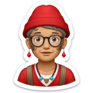 unique looking tourist with big unique red tourist hat and earrings, man with lots of tattoes and spectacles sticker