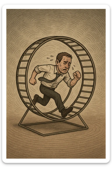 uomo che corre dentro la ruota del criceto come un circolo vizioso sticker