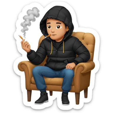 A man sitting on a chair, wearing a black puffed coat with hood, hands in his pocket, smoking a cigaret, he is on a chair i sticker