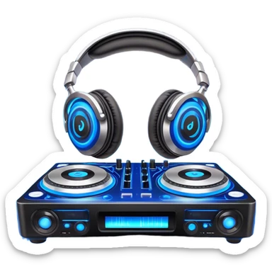 Create a dynamic and modern emoji that represents electronic music and DJing. The design should feature a DJ controller with two vinyl turntables, DJ headphones, and glowing sound waves or a waveform to symbolize the energy of mixing and electronic beats. Use vibrant neon colors like electric blue, neon pink, or green to represent the futuristic and pulsating nature of electronic music. Add subtle details of flashing lights or abstract patterns to evoke the nightclub or festival atmosphere. The background should be transparent. sticker