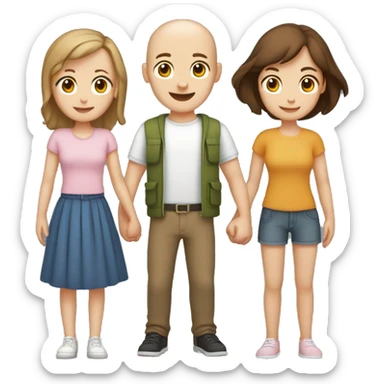 Two girls and one guy holding hands, both girls white skin, one girl brown hair, other girl no hair, guy is standing in the middle and has short brown hair sticker