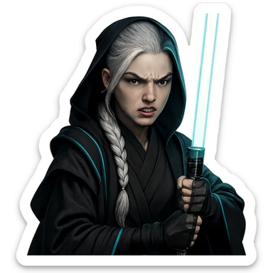  a closeup portrait of young woman with gold yellow eyes, white hair, long braid, black off-shoulder top, punk gothic style, futuristic cyberwave cyberpunk,  jedi attire and posture robes of a padawan, foreweilding a bright blue-green lightsaber, angry fierce face expression, power stance, 30-90 sticker