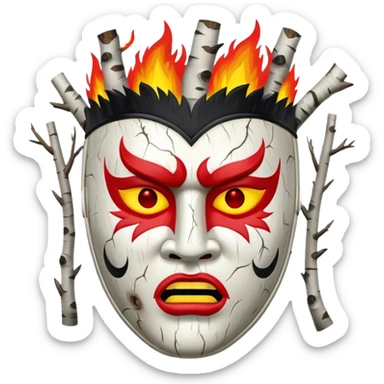 birch tree male mask in kokoshnik expressing anger, white, black and red palette, the texture has black marks, red fire at the top sticker