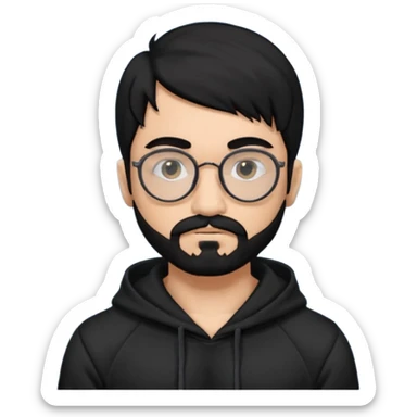 Man, hispanic skin, black hair, black beard, black mustache black eyes black t hoodie, small nose, long emo hair, muscular , round glasses sticker