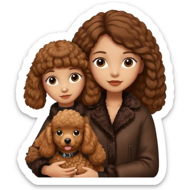 A girl who has long brown straight hair and wears a fur jacket holds a brown poodle sticker