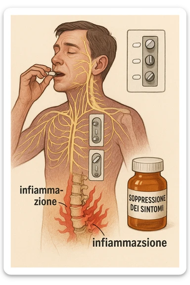 Man taking pain medication for chronic back pain, pills shown as dimmer switches turning down pain signals in transparent nervous system overlay, underlying spinal damage remaining completely untreated and worsening, expression of temporary relief masking progressive deterioration, medication bottle labeled 'symptom suppression' not 'cure', root cause inflammation continuing to spread in italiano sticker