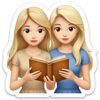 two beautiful girls in beige tops reading a beautiful vintage book. one brunette, the other blonde. both with long hair with sticker