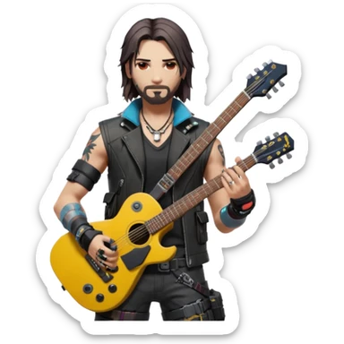 Jony Silverhand from Cyberpunk 2077, holding a guitar, cyberpunk background sticker