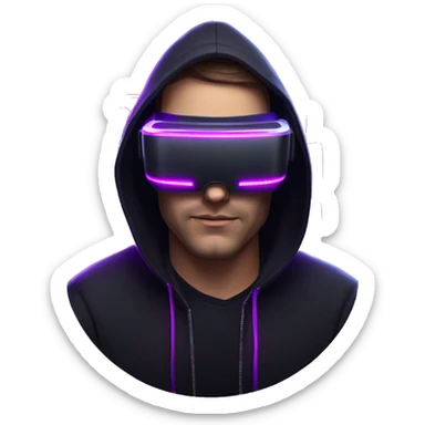 Russian man wearing a black hoodie with "OMG" letters on it and VR headset in a cyberpunk VR environment with violet neon lighting. sticker