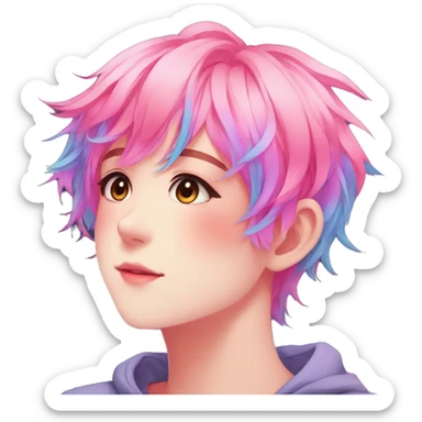 Gorgeous anime style shojo character with blushing face aesthetic and pretty colorful shiny gradient neon hair with hair garment trending style sticker