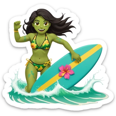 ork female holding small yellow bodyboard, running through shallow turquoise waves, muscular green body, bright floral bikini, fierce joyful grin showing tusks, long wet dark hair splashing, foam and spray, minimalist beach and ocean background, centered emoji, vibrant summer colors, sticker style sticker