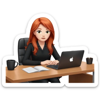 Video call therapy session: red-haired therapist with long hair wearing black minimalist clothing, seated in a professional home office, looking at the webcam; calm, modern teletherapy setting sticker