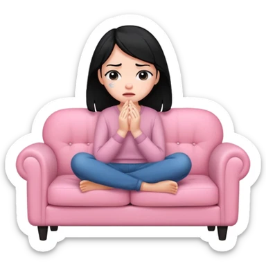 sad white girl with black hair crying on the cozy pink couch  sticker