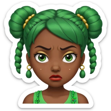 Create a 3D cartoon-style girl character with dark skin, round face, angry expression, big wide eyes, and tightly styled double buns made of green beaded hair. The girl should look irritated, eyebrows sharply angled, and lips pressed in a frown. sticker