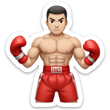 A locomotive train with human-like muscular arms, wearing red boxing gloves, standing in a fighting stance, determined expression, cartoon-style. sticker