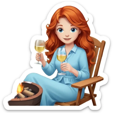 Happy redhead with long hair and blue eyes holding white wine sitting in chair beside fire pit in backyard sticker