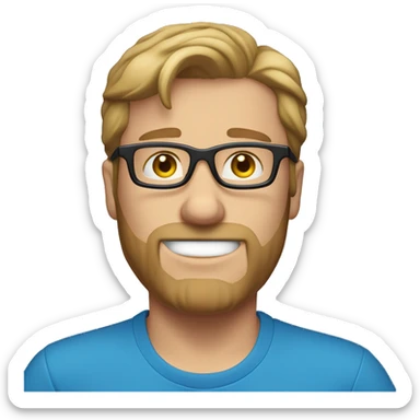 white guy with no beard, dark blond hair brad pit style square glasses blue eyes in laptop wearing blue t-shirt sticker