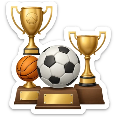 a basketball, soccer ball, volleyball, and a football all mixed with a trophy sticker