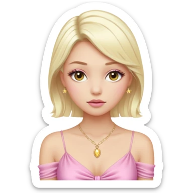 Girl with a platinum-blonde beauty with sleek, waist-length hair, flawless skin, fluttery lashes, and pouty lips-dressed in a sheer pink ruched top that ties in the center, glowing softly under the car lights with a dainty gold necklace completing her dreamy, doll-like look. sticker