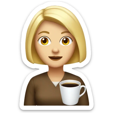 white woman with blonde bob parted in the middle, with a cup of coffee and a light bulb sticker