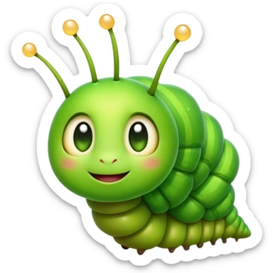 Cinematic Realistic Cute Caterpillar Portrait Emoji, Head tilted playfully and inquisitively, featuring a compact, segmented body in bright, vibrant green with delicate, inviting textures and a charming, rounded face with sparkling eyes full of curiosity, rendered with lifelike detail and natural highlights, high shine, affectionate and spirited, styled with a touch of garden whimsy, soft glowing outline, capturing the essence of a mischievous yet lovable caterpillar that seems poised to crawl cheerfully into your arms! sticker