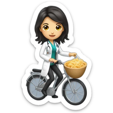 long and dark hair female doctor with a ramen bowl in her hand and riding a chrome bicycle sticker