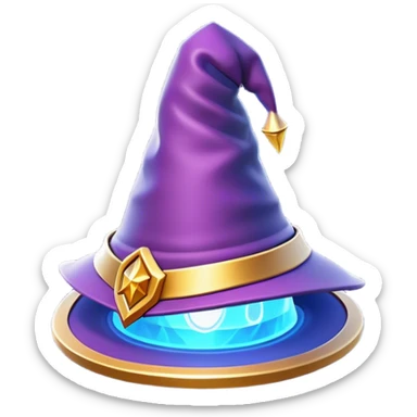 Clash of Clans aesthetic: Cinematic Playful Wizard's Hat Emoji, rendered in a 3D vector-style similar to standard emojis with minimal shading and bold, simplified shapes. A compact, isometric pointy hat with a wide brim adorned with mystical symbols and subtle enchanted shimmer, softly glowing with a magical whimsical charm. Simplified yet unmistakably iconic, highly detailed and consistent, glowing with a soft radiant glow and high shine. Stylized with a touch of classic sorcery and a soft glowing outline, capturing the essence of a legendary wizard’s hat with a friendly, playful manner! sticker