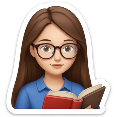 clean beautiful girl long brown hair, wear glasses, reading a book sticker