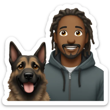 man with dreadlocks, mustache and goatee expressing joy dressed in a hoodie alongside a dark brindle colored german shepherd dog sticker