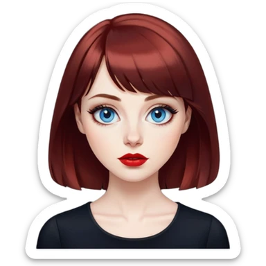 Artistic woman with pale skin, oval face, large blue eyes with eyeliner, thin eyebrows, small nose, red lipstick, dark auburn hair with bangs and slight waves, wearing a stylish black top, creative expression sticker