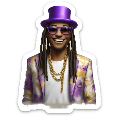 A charismatic figure in a purple top hat, floral jacket, sunglasses, and gold-toothed grin. Long dreads, white tee, and chain complete the look. Fun and approachable, they’re pure party energy. sticker