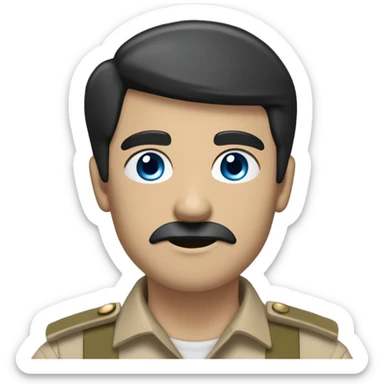 A man with black hair combed left, sharp blue eyes, and a pale, angular face. He has a small mustache, pointed nose, and wears a light brown military shirt with a red armband sticker