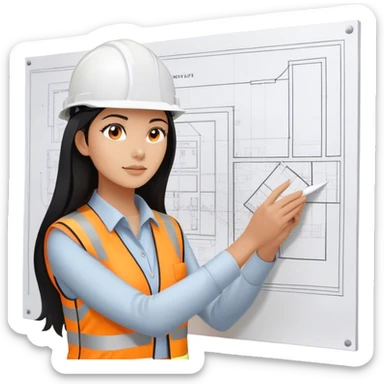 Female civil engineer with long black hair wearing white helmet and an orange safety vest staring at big drawing plan on her hands  sticker