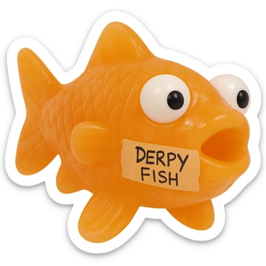 Make the fish slightly more transparent and a bit shinier. Keep the masking tape stuck across the whole side with 'Derpy Fish' written in sloppy sharpie handwriting. The fish should remain bright orange, retro 90's toy look, derpy eyes, soft plastic, soft and squishy texture, some cloudiness, highly detailed, appealing. The masking tape should look realistic and clearly stuck to the fish's body. No background. sticker