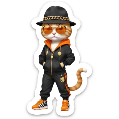 female cat wearing Run DMC hip-hop outfit with tracksuit, fedora, Adidas sneakers, dark sunglasses, many gold chains, upright pose sticker