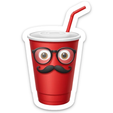 paper red cup and white straw, the cup has eyes and mouth and glassess and mustache sticker