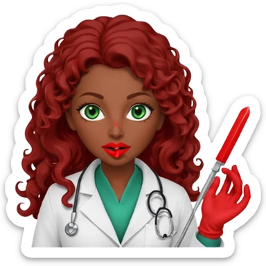Lilith symbol sexy evil woman. She has green eyes.  had brown long curly hair.  evil surgeon kills with scalpel wears red sexy doctor coat with red mouth cover red gloves. Covers nose, neck  and mouth with Muslim red berka sticker