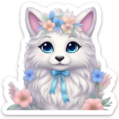 Anthro Cute Cool Pastel Kawaii gorgeous sparkly ethereal fantasy animal creature with blue eyes furry sona with flowers and ribbons beautiful aesthetic sticker