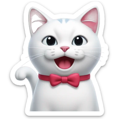 A white cartoon cat hello k with a red bow on its left ear, looking disgusted, a stream of pink liquid from its mouth sticker