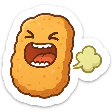 cartoon chicken nugget with an open mouth, visible teeth, and a fart cloud, fun and expressive style sticker