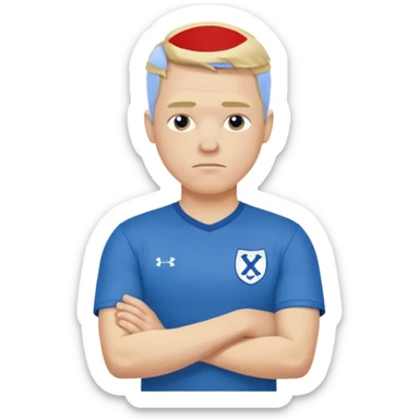 Pale blond man in blue football t shirt crossed arms cold stance  sticker